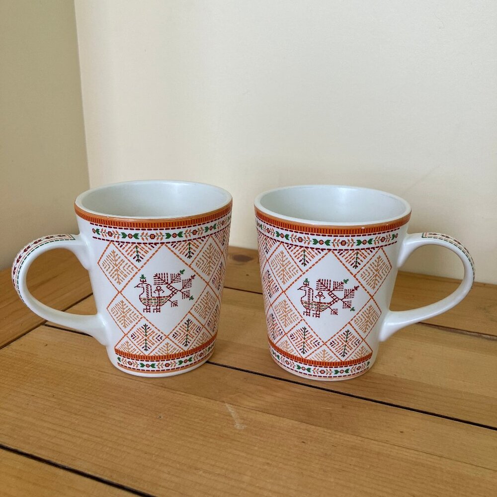 Scandinavian Folk Art Ceramic Mugs Set of 2 Vintage Ethnic Print Design
